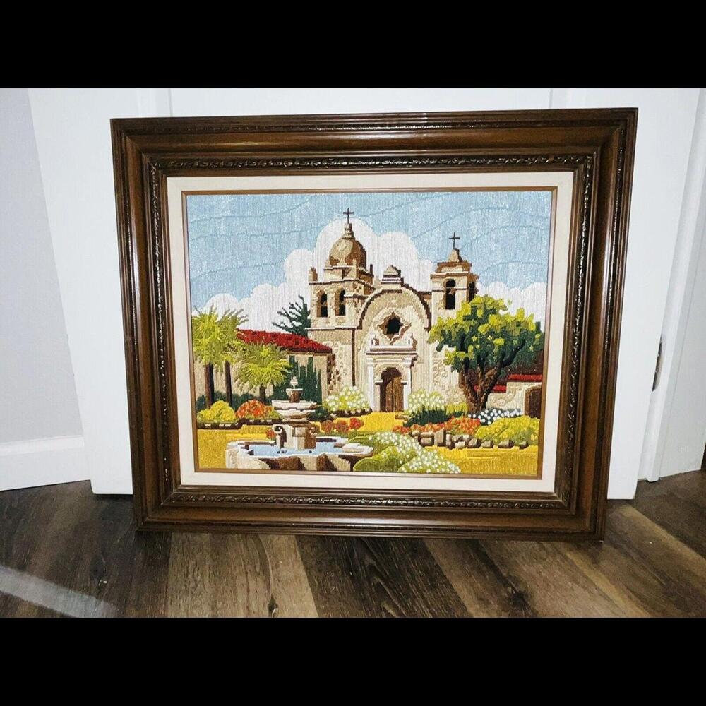 Crewel Needlework 1986 Mission San Carlos Borromeo Carmel, CA 27.5"x24" Vintage